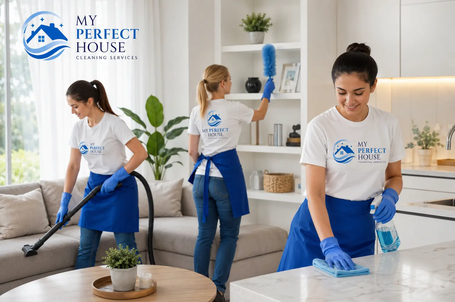 Professional My Perfect House cleaners working in a bright home interior.