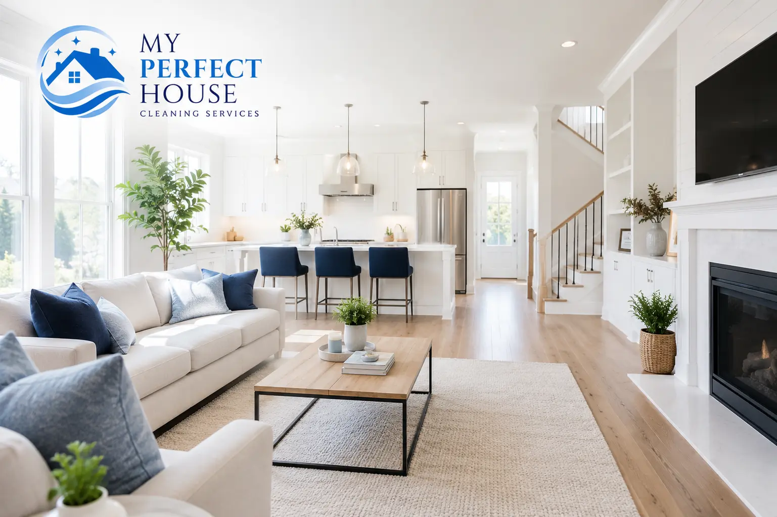 Bright modern living room cleaned by the My Perfect House team.