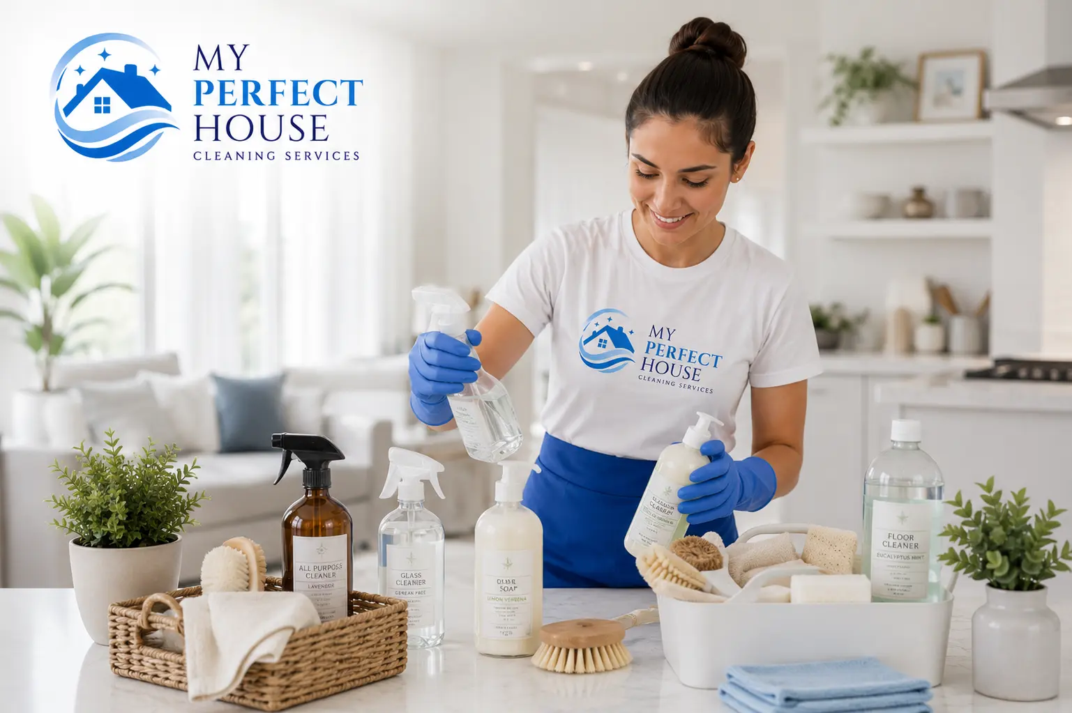 Professional My Perfect House cleaner preparing premium cleaning products in a bright home interior.