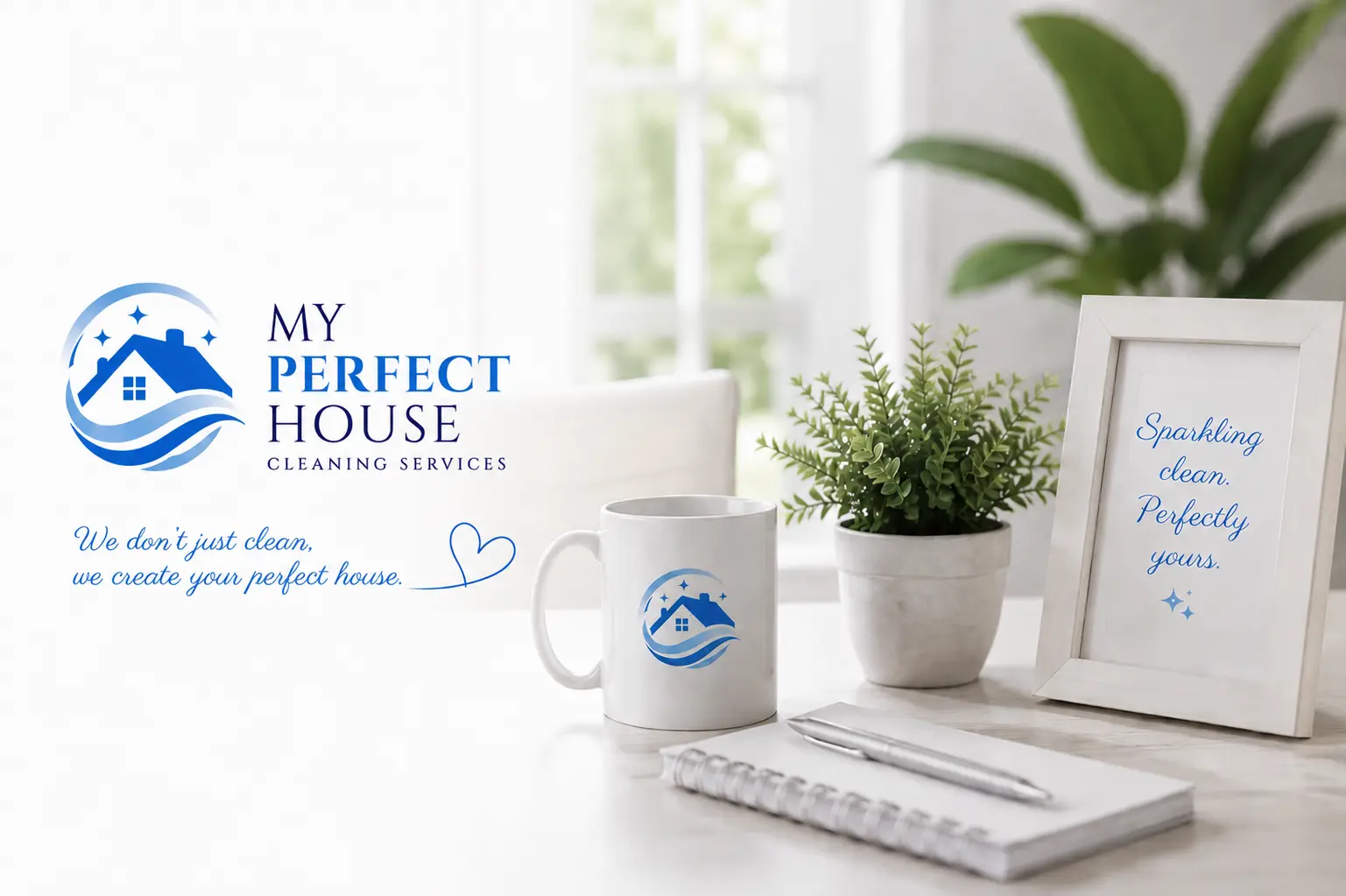 Elegant My Perfect House branded cleaning scene with fresh home decor.